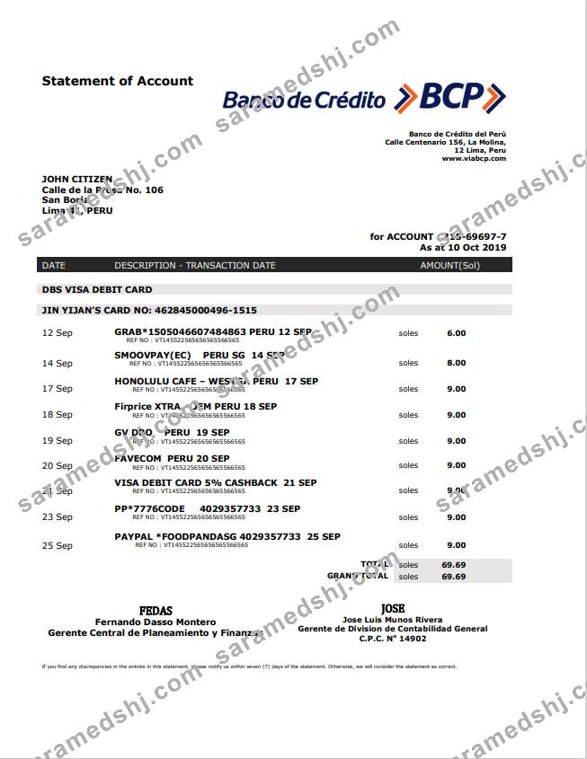 Peru Banco de Credito del Peru (BCP) bank statement